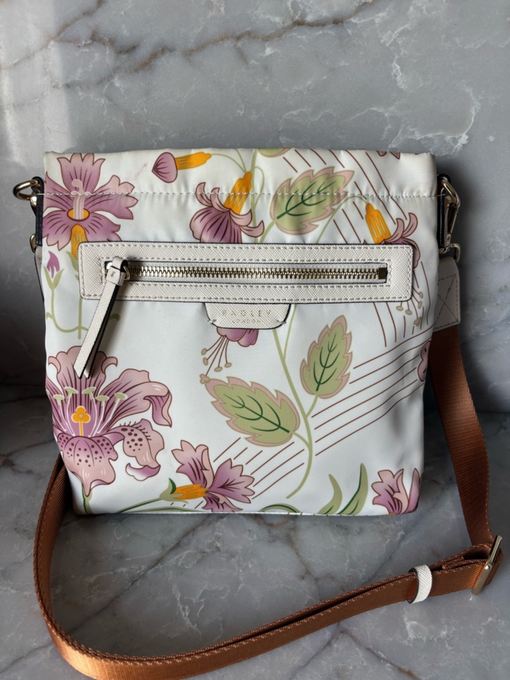 RADLEY LONDON White Floral Crossbody with Pink & Green Accents